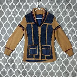 Vintage Suede Knit Jacket Womens Small Brown Blue Western Boho Cardigan